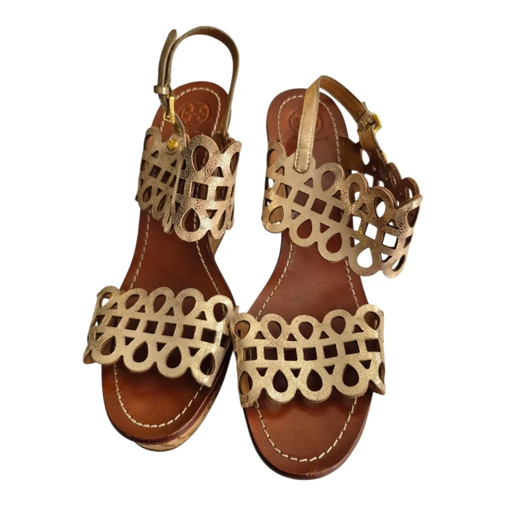 Tory Burch Nori Metallic‎ Gold Leather Platform Cork Wedge Sandals 10.5 M Glam